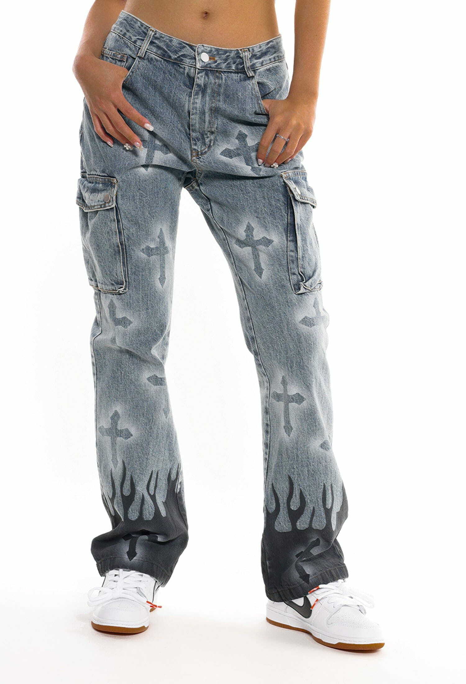 Y2K Fashion Flame & Cross Vibe Slim Jeans - Grunge Aesthetic with Cute Tops & Comfy Style