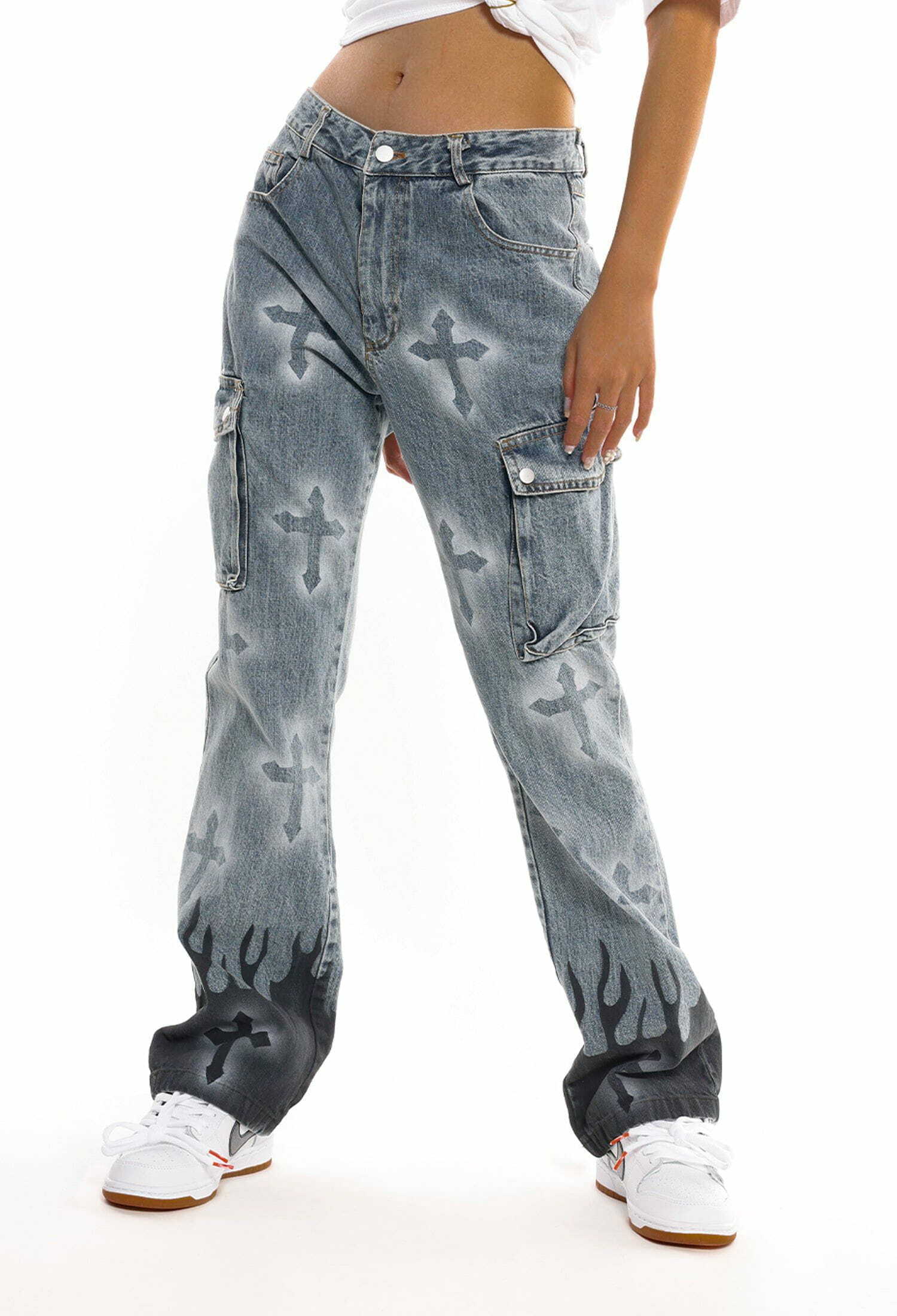 Y2K Fashion Flame & Cross Vibe Slim Jeans - Grunge Aesthetic with Cute Tops & Comfy Style