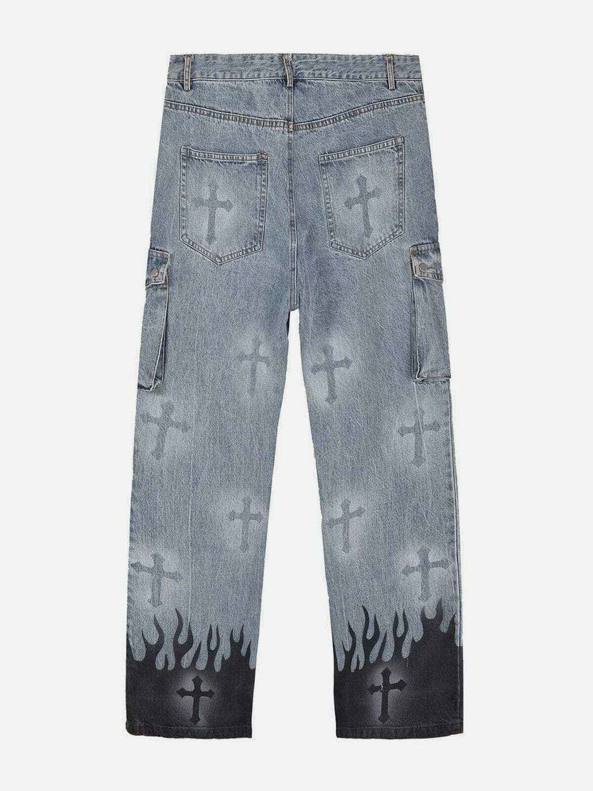 Y2K Fashion Flame & Cross Vibe Slim Jeans - Grunge Aesthetic with Cute Tops & Comfy Style