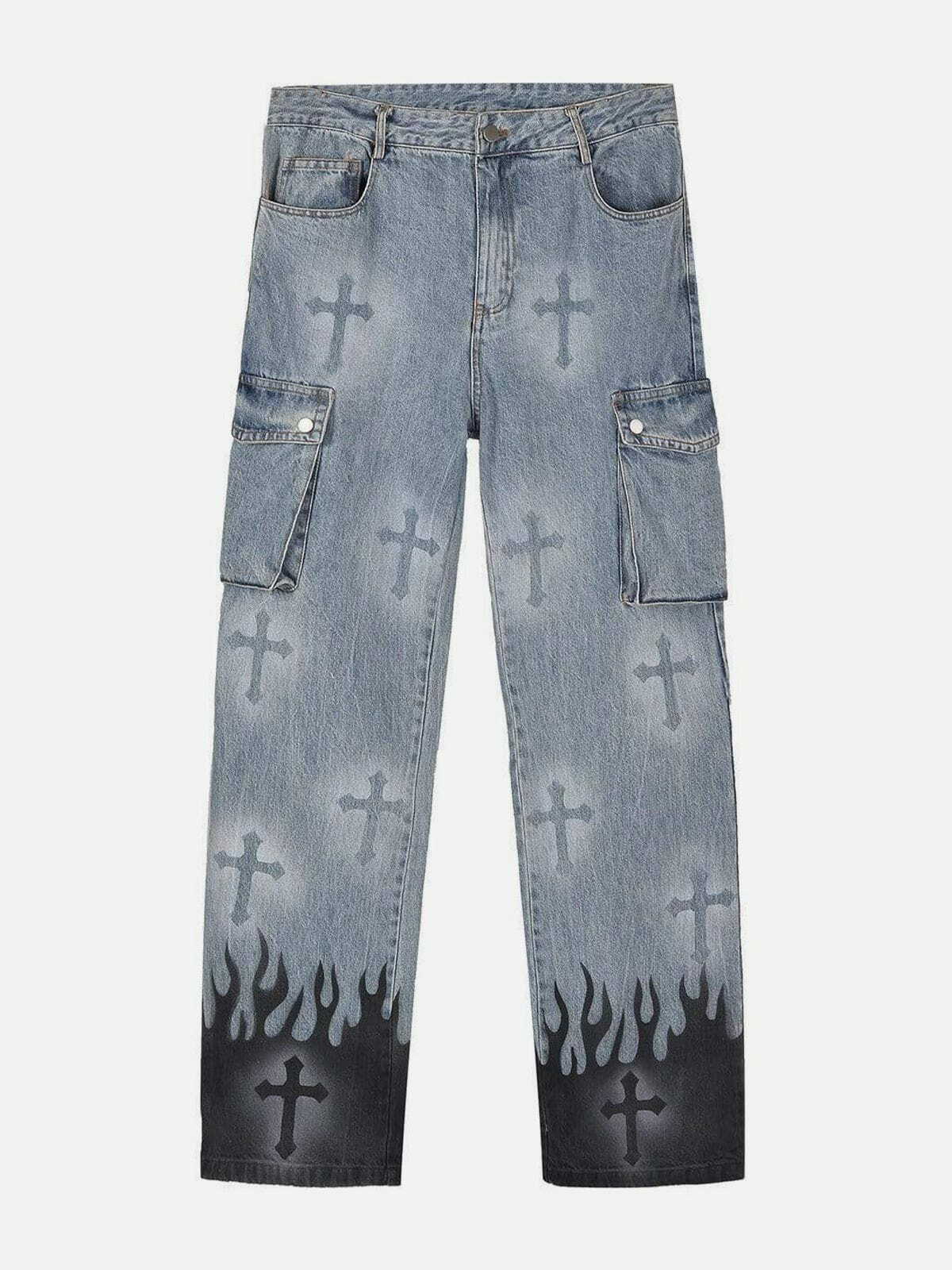 Y2K Fashion Flame & Cross Vibe Slim Jeans - Grunge Aesthetic with Cute Tops & Comfy Style