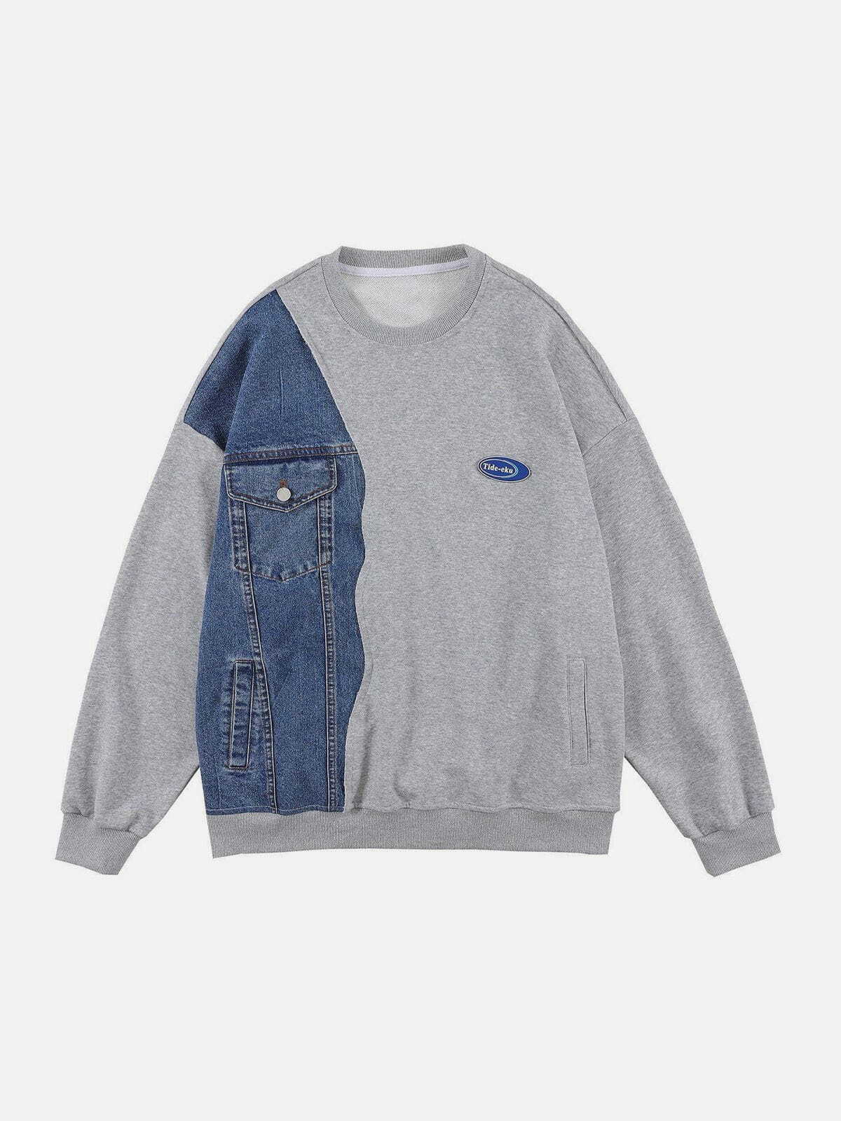 Y2K Fashion Front Pocket Denim Patchwork Sweatshirt - Cute Aesthetic Layering Top