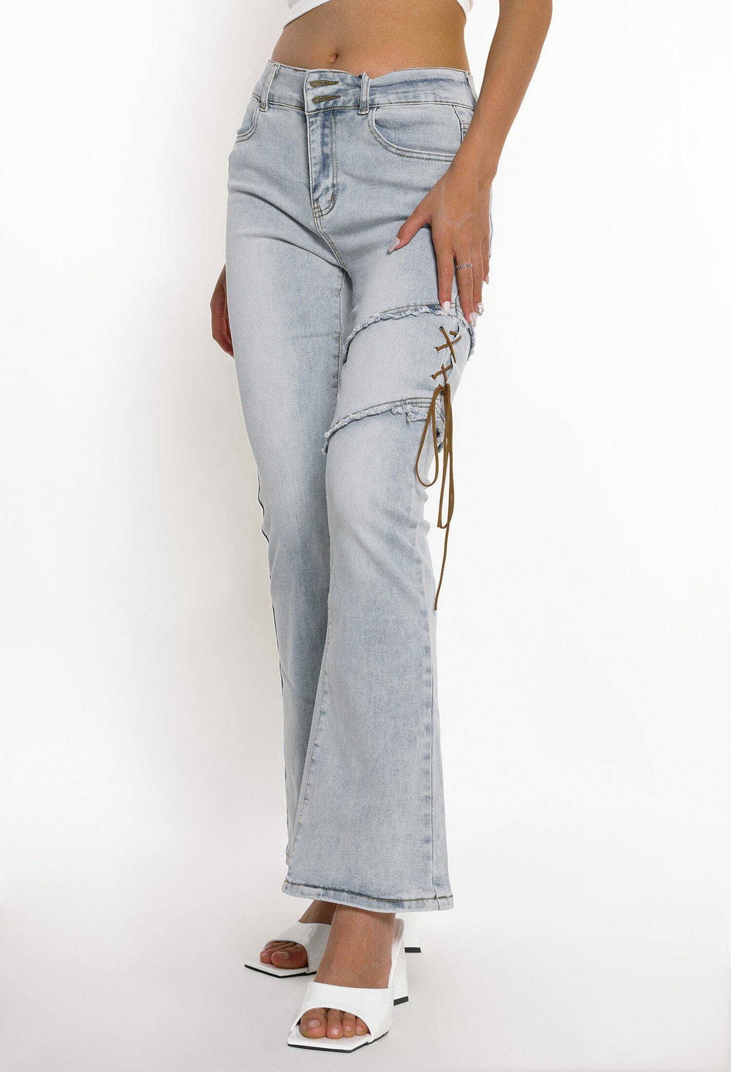 Y2K Fashion Irregular Strap Flared Jeans - Grunge Aesthetic & Coquette Style Essential