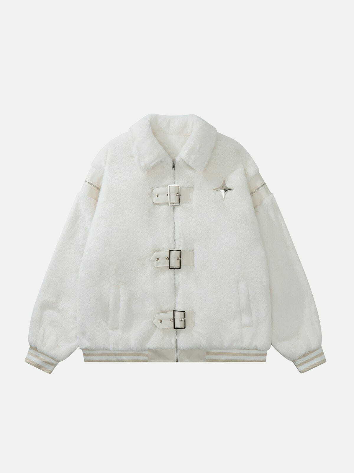 Y2K Fashion Leather Buckle Sherpa Coat with Four Star Design - Cozy Grunge Aesthetic