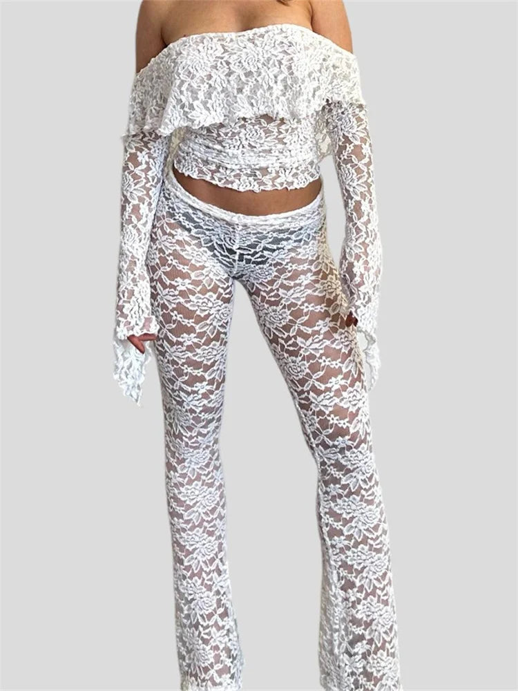 Y2K Fashion Long Sleeve Lace Off Shoulder Top & Flared Pants Set - Cute Aesthetic Outfit