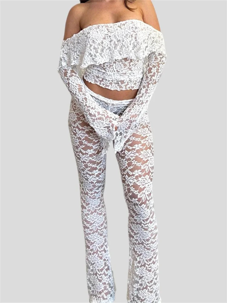 Y2K Fashion Long Sleeve Lace Off Shoulder Top & Flared Pants Set - Cute Aesthetic Outfit