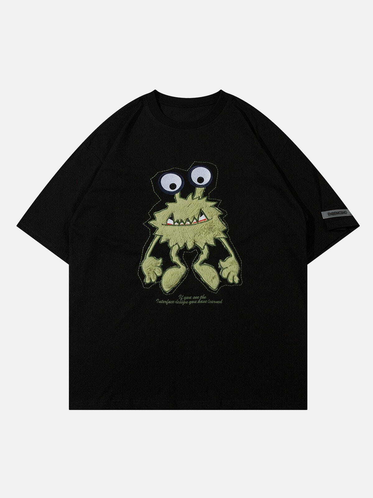 Y2K Fashion Monster Embroidery Print Tee - Cute Grunge Aesthetic Top for Unique Outfits