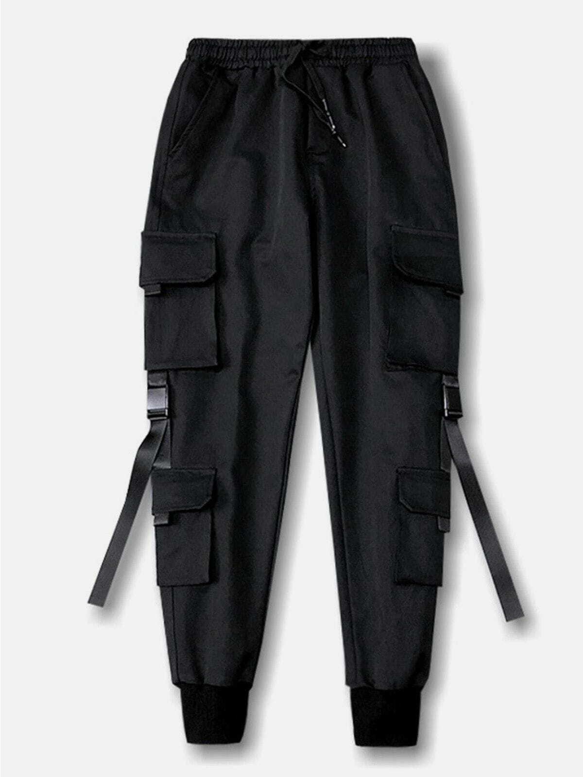 Y2K Fashion Multi-Pocket Joggers with Ribbons - Grunge Aesthetic Comfy Streetwear