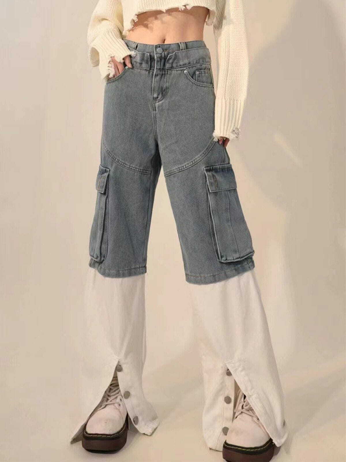 Y2K Fashion Multi-Pocket Patchwork Jeans - Grunge Aesthetic & Coquette Style Essential