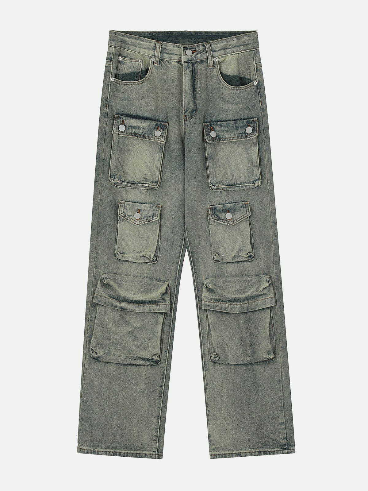 Y2K Fashion Multi-Pocket Wash Jeans - Grunge Aesthetic Cargo Style for Trendy Outfits