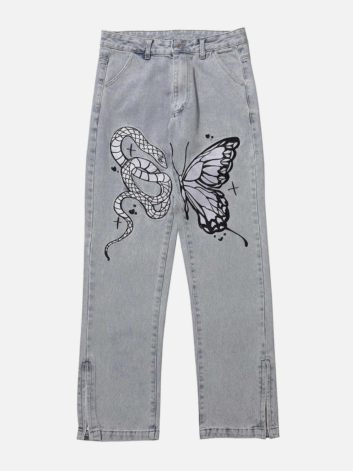 Y2K Fashion 'Mysterious Trap' Embroidery Jeans - Grunge Aesthetic & Coquette Style