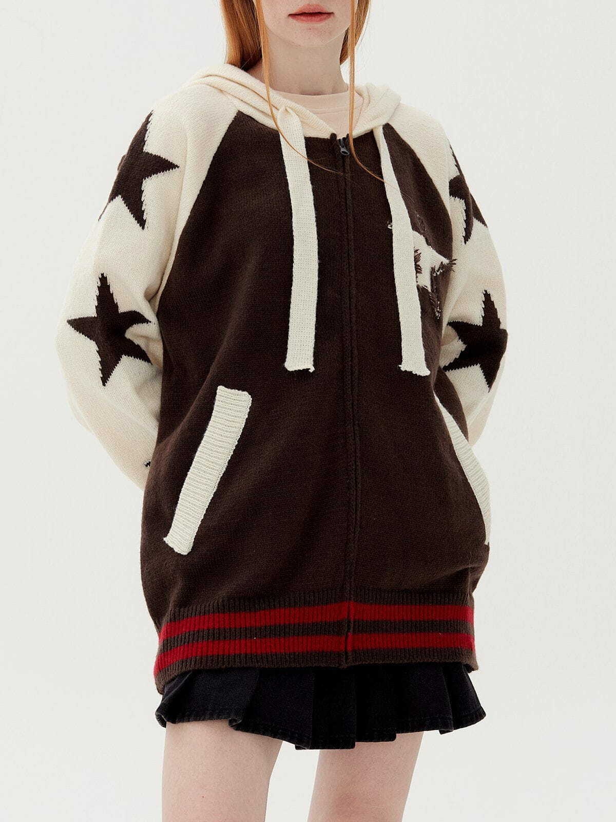 Y2K Fashion Patchwork Pentagrams Knit Hoodie - Grunge Aesthetic Comfy Cute Top