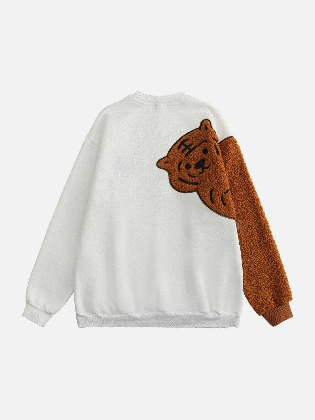 Y2K Fashion Patchwork Tiger Embroidered Sweatshirt - Cute Comfy Hoodie for Aesthetic Outfits