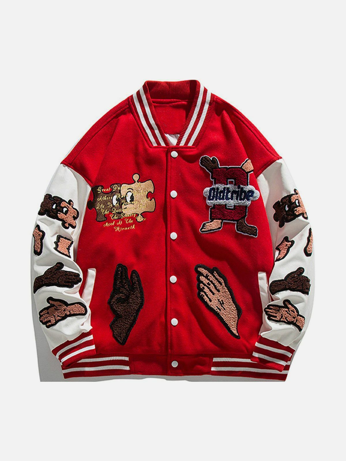 Y2K Fashion Puzzle Embroidery Varsity Jacket - Cute Aesthetic Layering for Grunge & Coquette Styles