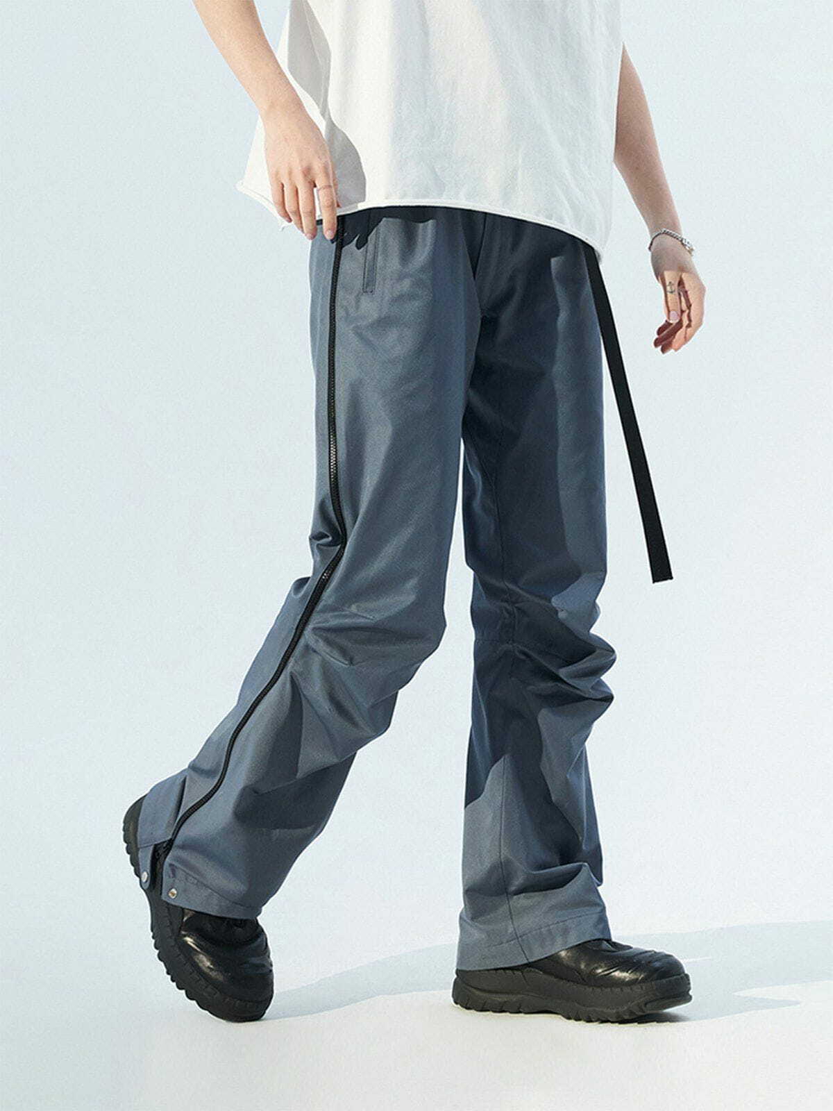 Y2K Fashion Side Zip Pleated Webbing Pants - Grunge Aesthetic Cargo Style for Trendy Looks