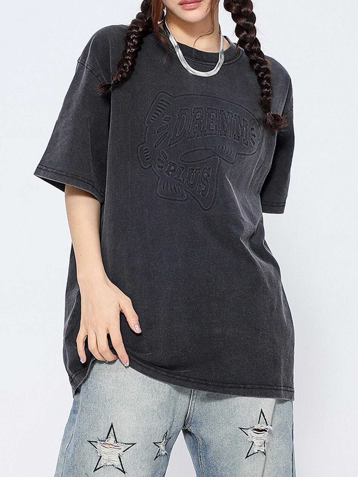 Y2K Fashion Stamped Embossed Washed Tee - Cute Grunge Aesthetic Top for Aesthetic Outfits