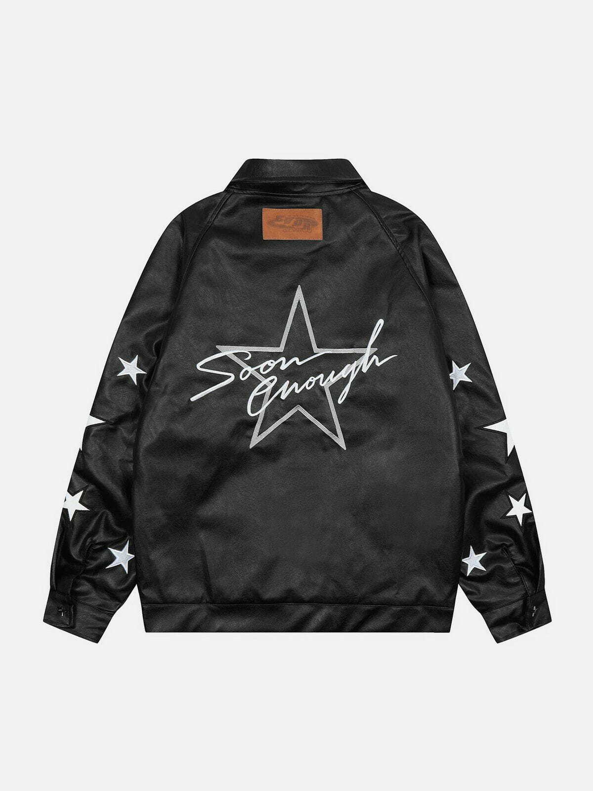 Y2K Fashion Star Embroidery Leather Jacket - Grunge Aesthetic Outerwear for Trendy Looks