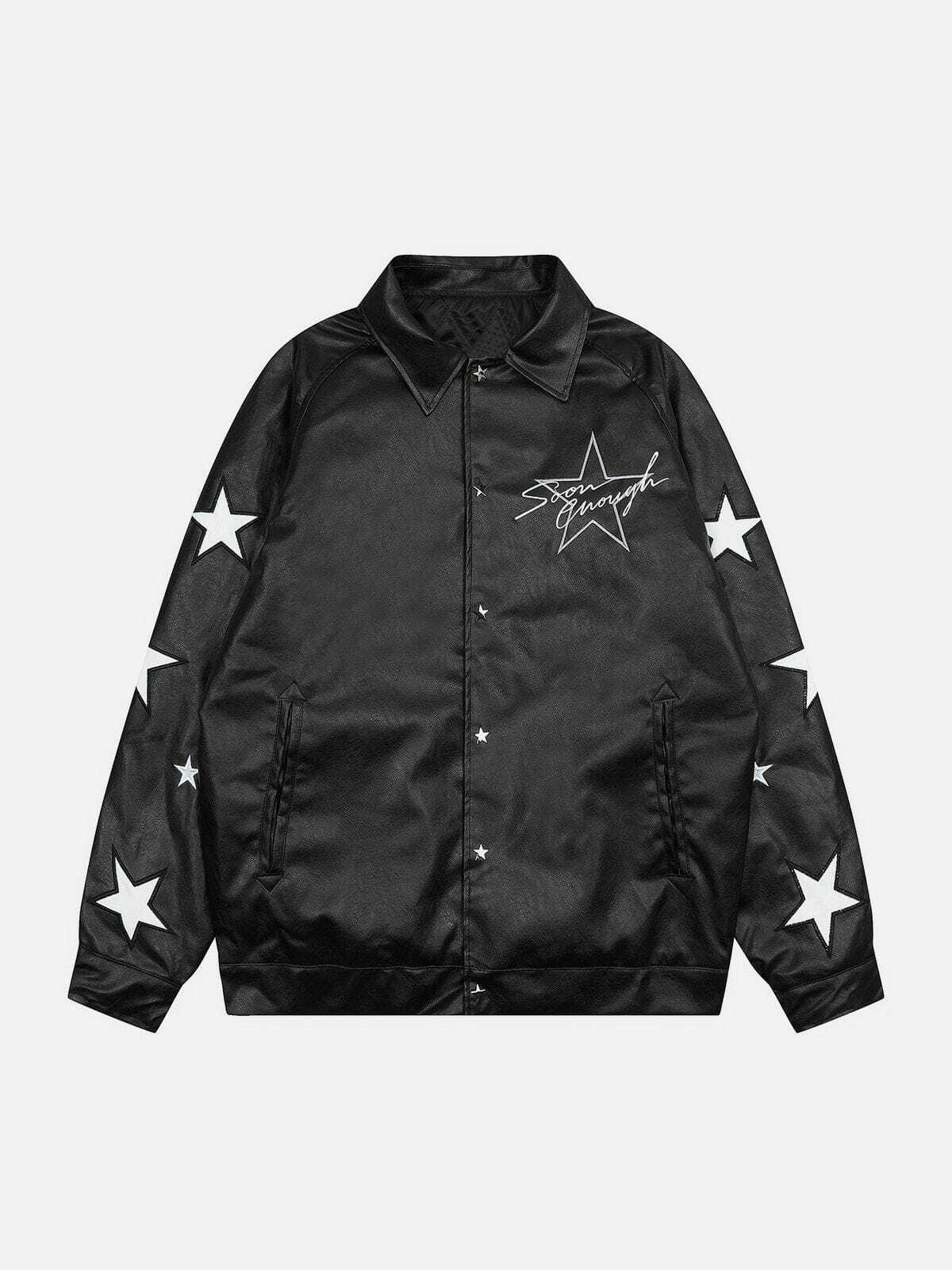 Y2K Fashion Star Embroidery Leather Jacket - Grunge Aesthetic Outerwear for Trendy Looks