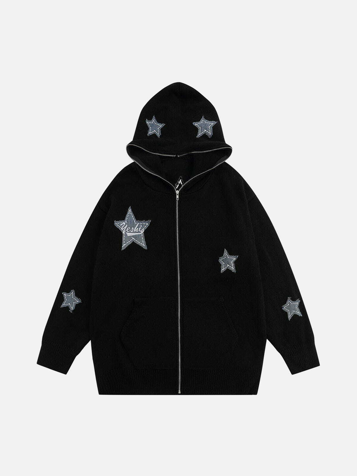 Y2K Fashion Star Embroidery Patchwork Hoodie - Cute Aesthetic Layering for Grunge & Coquette Styles