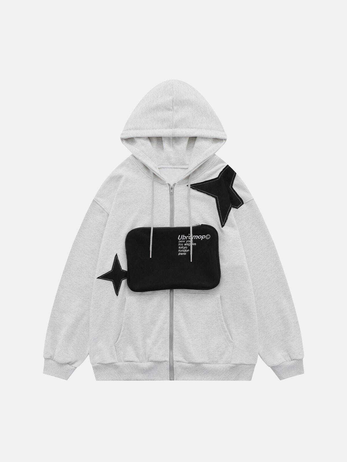 Y2K Fashion Star Patchwork Hoodie with Removable Pocket - Comfy Aesthetic Layering Piece