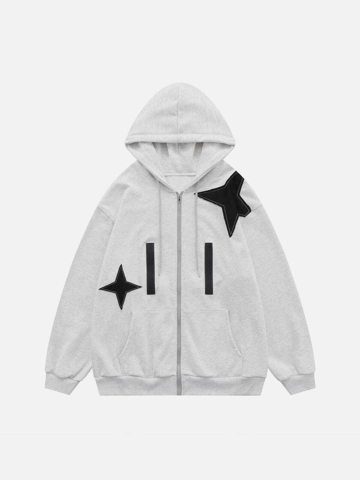 Y2K Fashion Star Patchwork Hoodie with Removable Pocket - Comfy Aesthetic Layering Piece