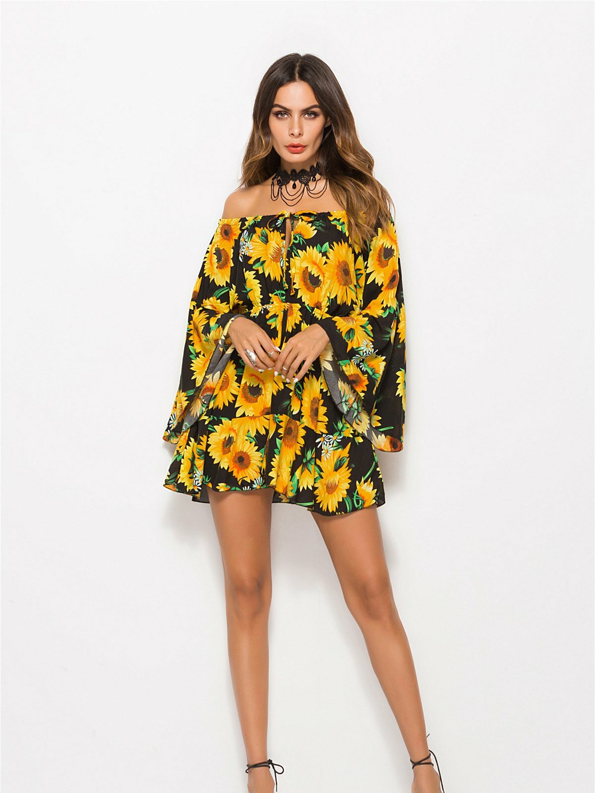 Y2K Floral Coast Sunflower Print Mini Dress - Cute Coquette Aesthetic for Summer Vibes