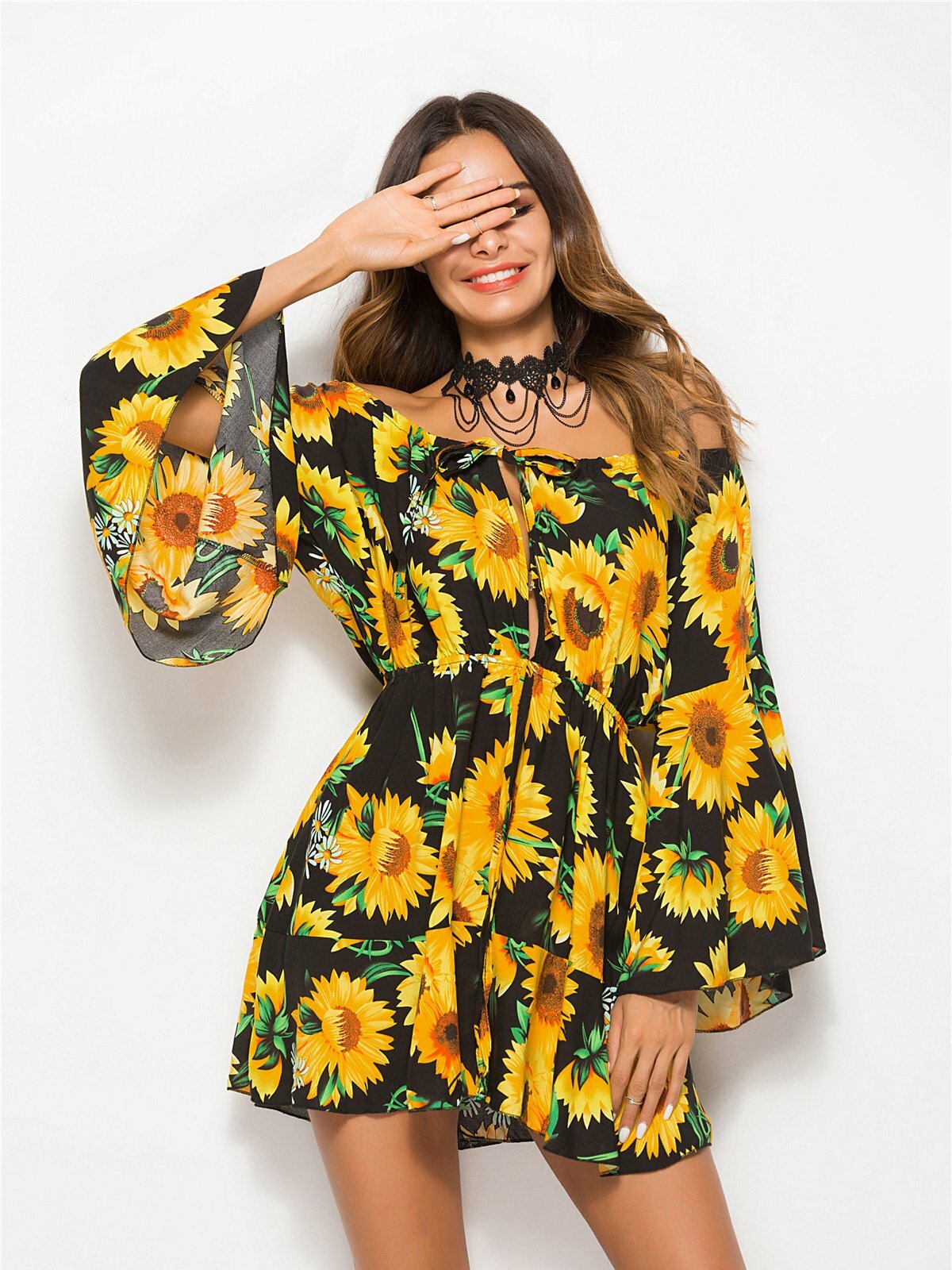 Y2K Floral Coast Sunflower Print Mini Dress - Cute Coquette Aesthetic for Summer Vibes