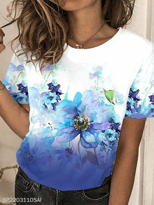 Y2K Floral Print Short Sleeve Tee - Cute Coquette Aesthetic Top for Grunge & Pastel Goth Styles