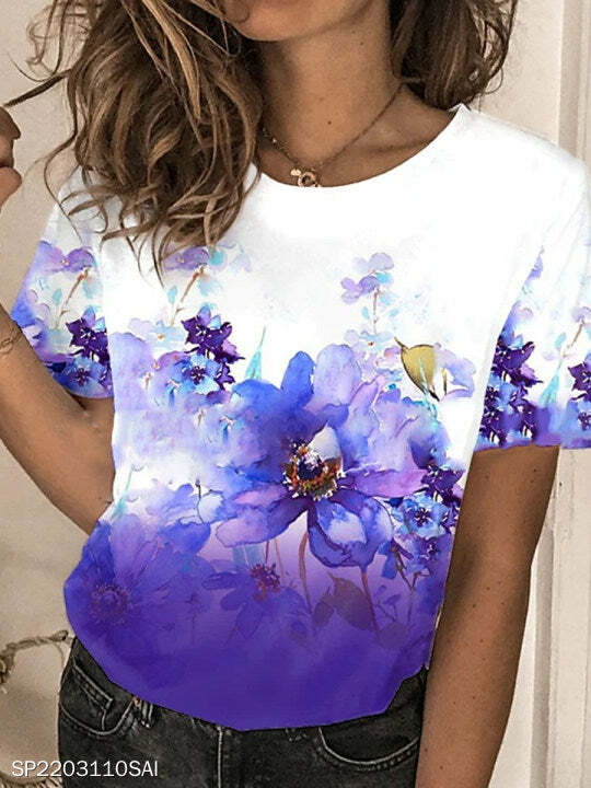 Y2K Floral Print Short Sleeve Tee - Cute Coquette Aesthetic Top for Grunge & Pastel Goth Styles