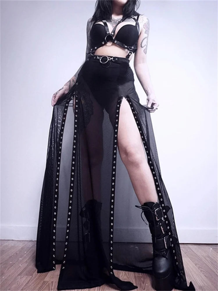 Y2K Gothic Black Long Maxi Mesh Skirt - High Waist See-Through Streetwear for Party & Club