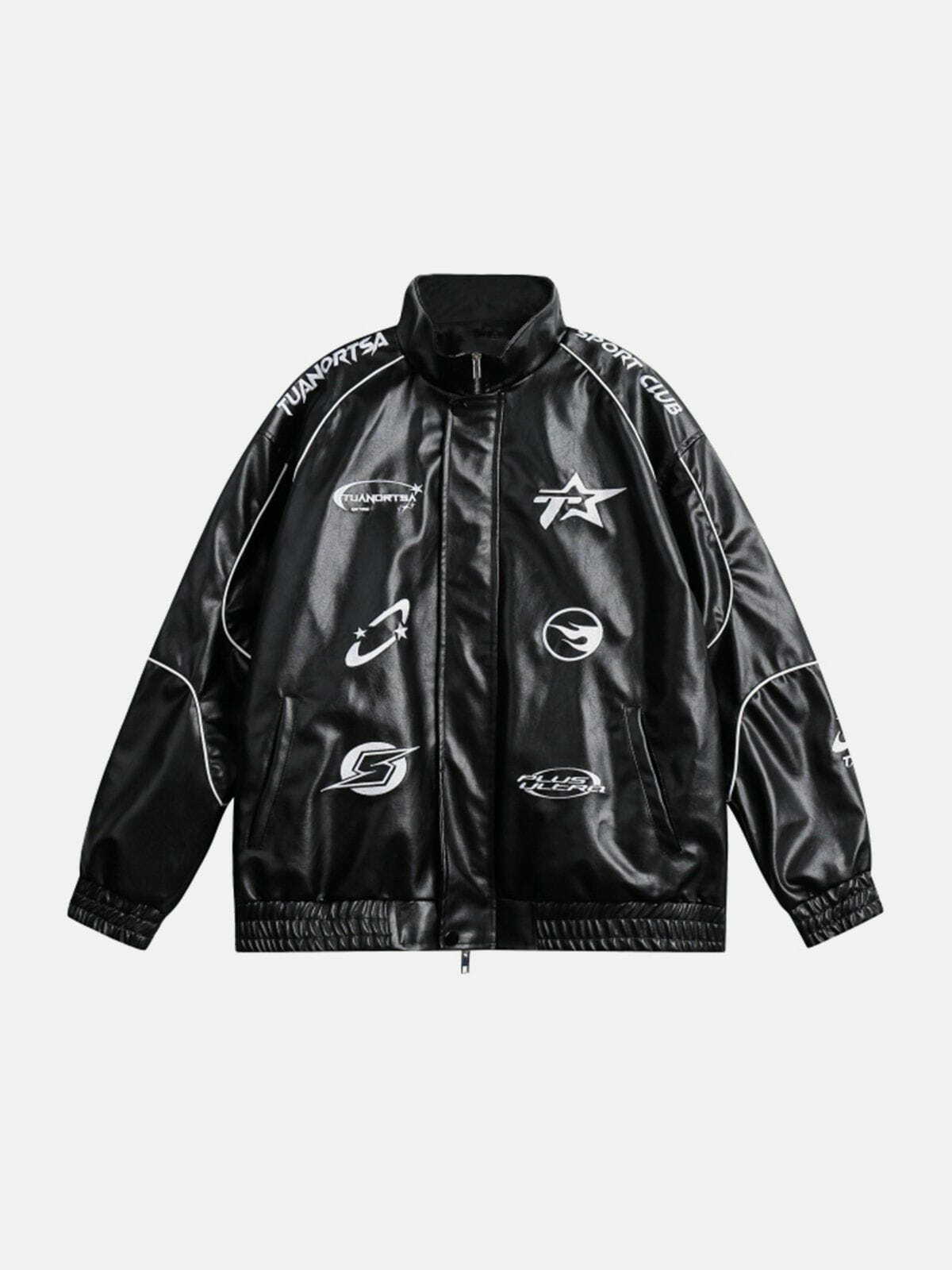 Y2K Grunge Aesthetic Embroidered Leather Jacket - Vintage Motorcycle Style for Trendy Looks