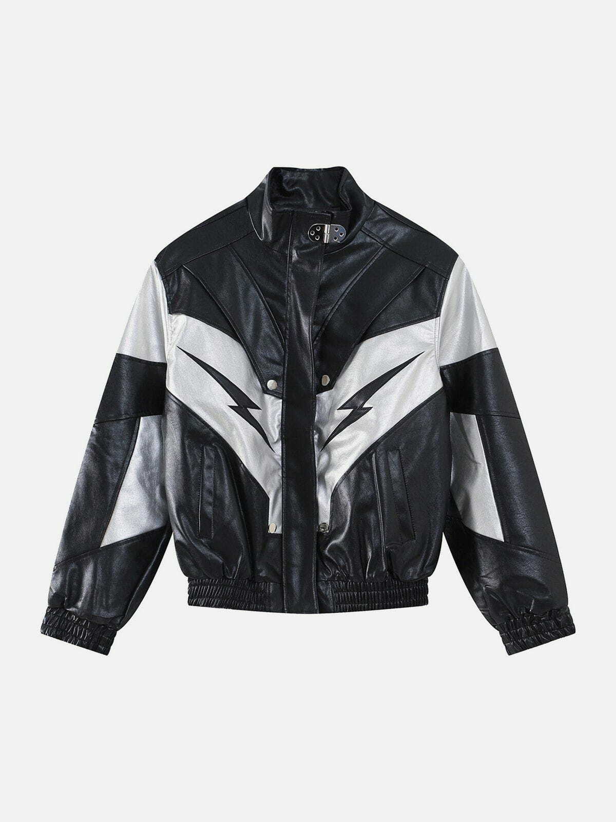 Y2K Grunge Aesthetic Lightning Leather Jacket - Retro Contrast Panel for Edgy Style