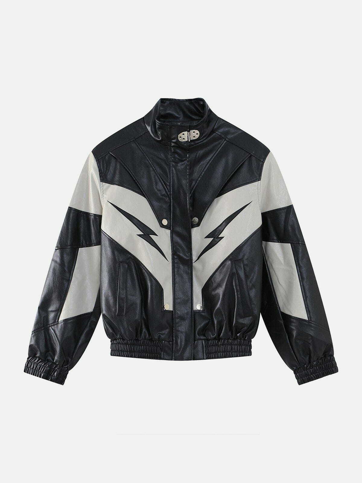 Y2K Grunge Aesthetic Lightning Leather Jacket - Retro Contrast Panel for Edgy Style