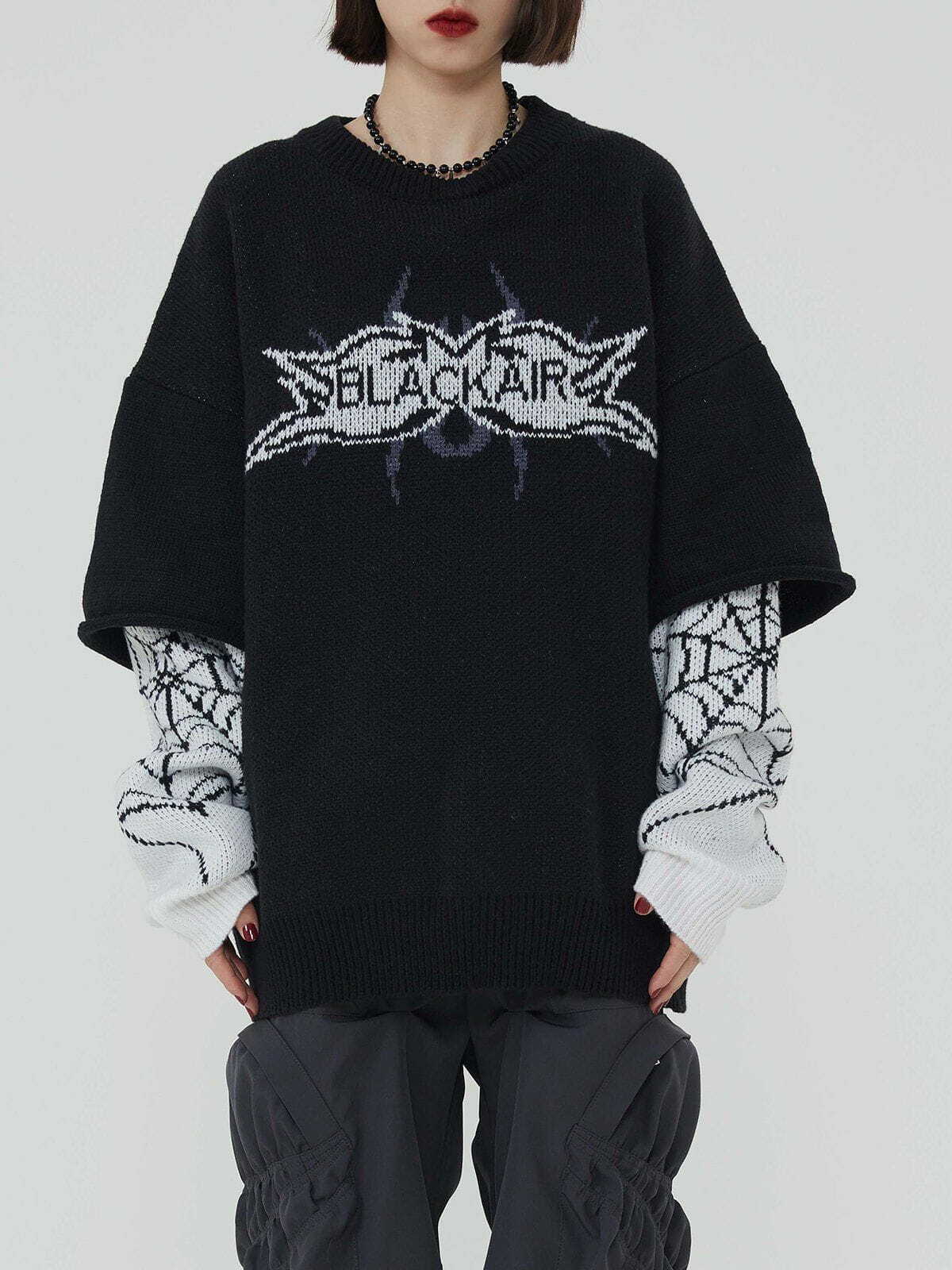 Y2K Grunge Aesthetic Spider Web Jacquard Sweater - Cute Cozy Top for Fall Fashion