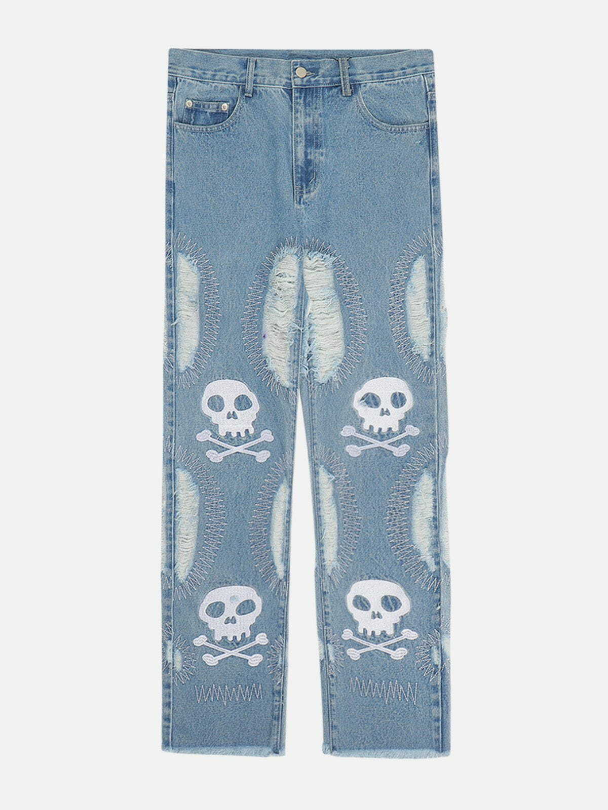 Y2K Grunge Style Holes Embroidery Skeleton Jeans - Aesthetic Vintage Denim for Edgy Looks