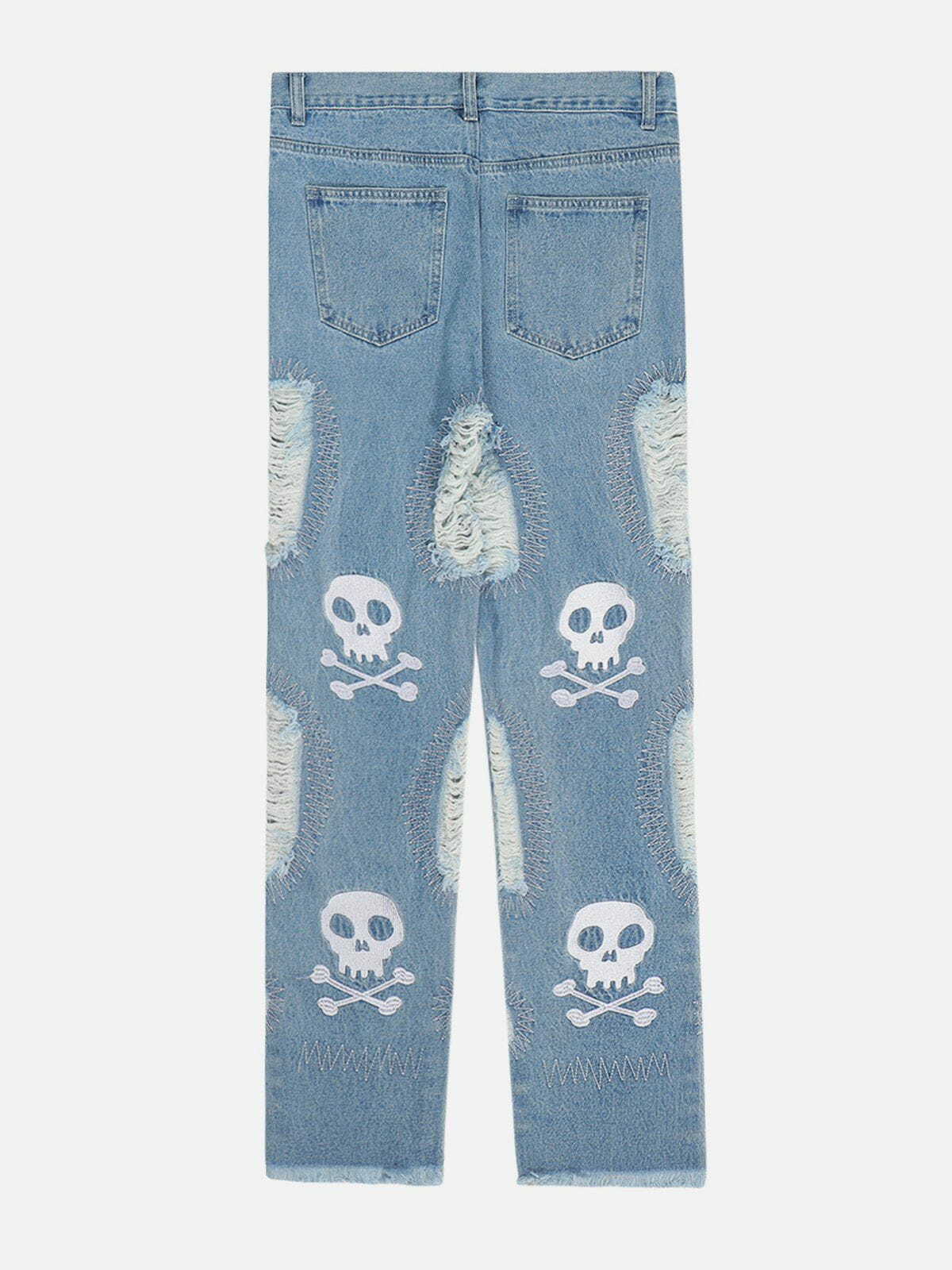 Y2K Grunge Style Holes Embroidery Skeleton Jeans - Aesthetic Vintage Denim for Edgy Looks