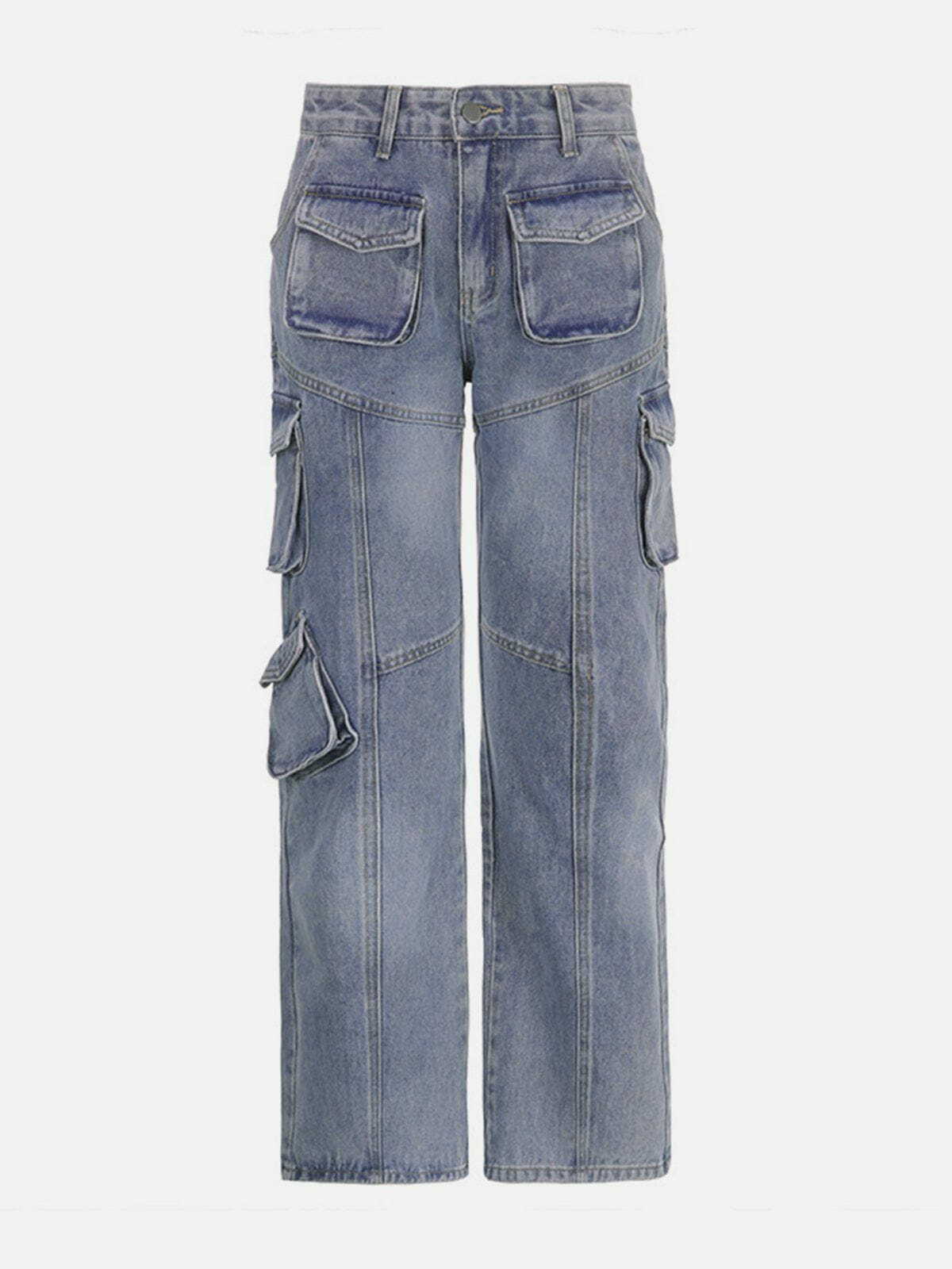 Y2K High Rise Straight Leg Jeans with Pocket Patchwork - Trendy Grunge & Coquette Style