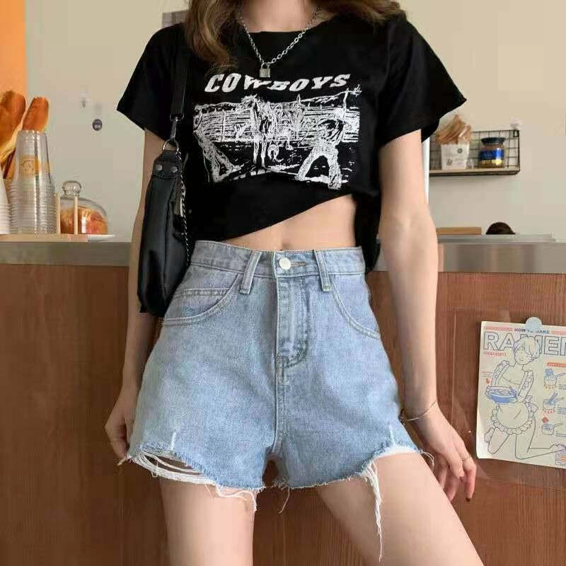 Y2K High Waist Wide Leg Denim Shorts - Grunge Aesthetic Streetwear for Trendy Outfits