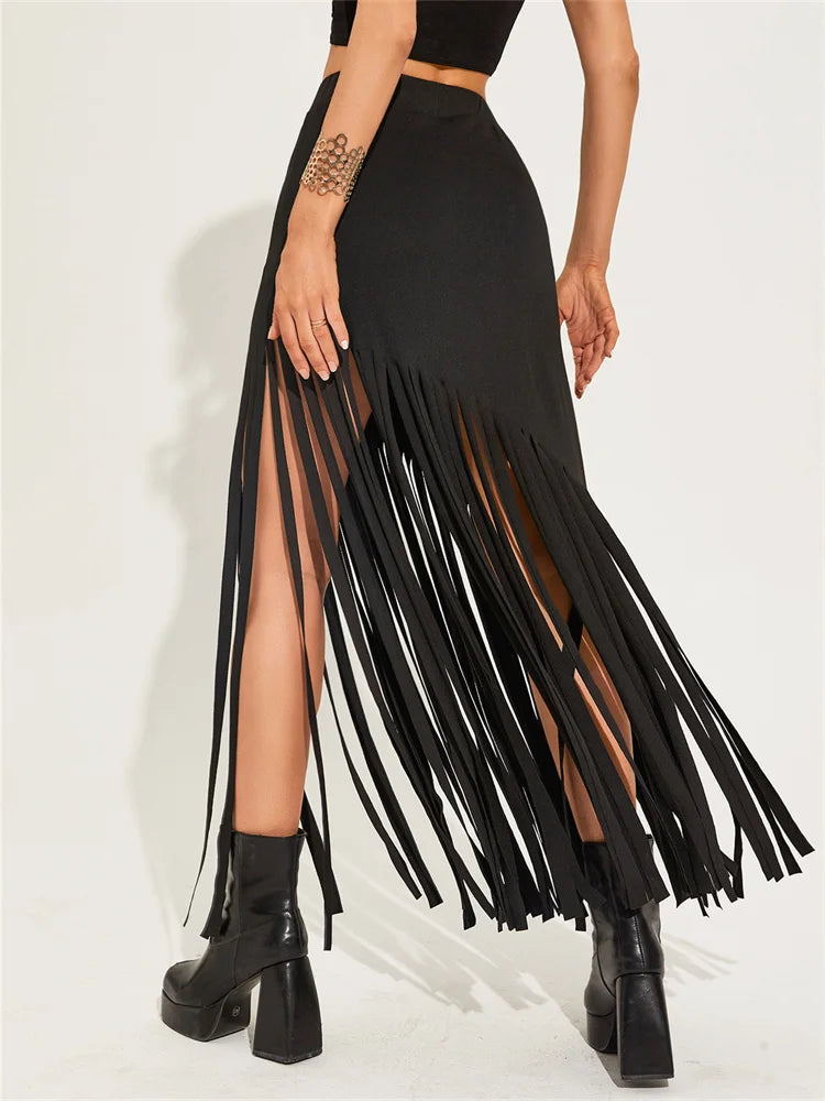 Y2K Patchwork High Waist Skirt with Irregular Hem & Tassels - Grunge & Coquette Aesthetic