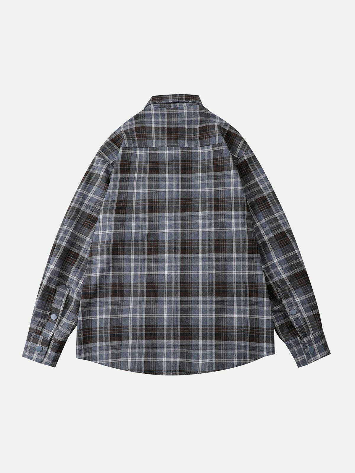 Y2K Plaid Long Sleeve Shirt with Patch Embroidery - Cute Grunge Aesthetic Top