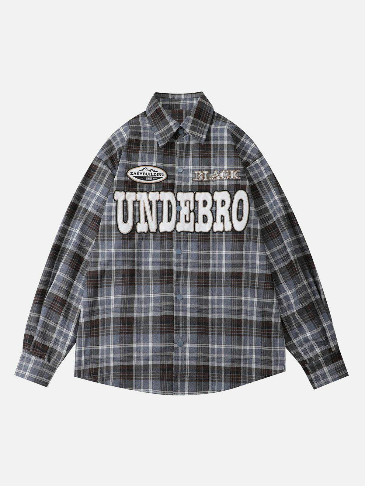 Y2K Plaid Long Sleeve Shirt with Patch Embroidery - Cute Grunge Aesthetic Top