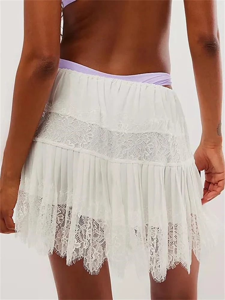 Y2K Pleated Lace Patchwork Mini Skirt - Cute Casual Spring/Summer Party Aesthetic Outfit