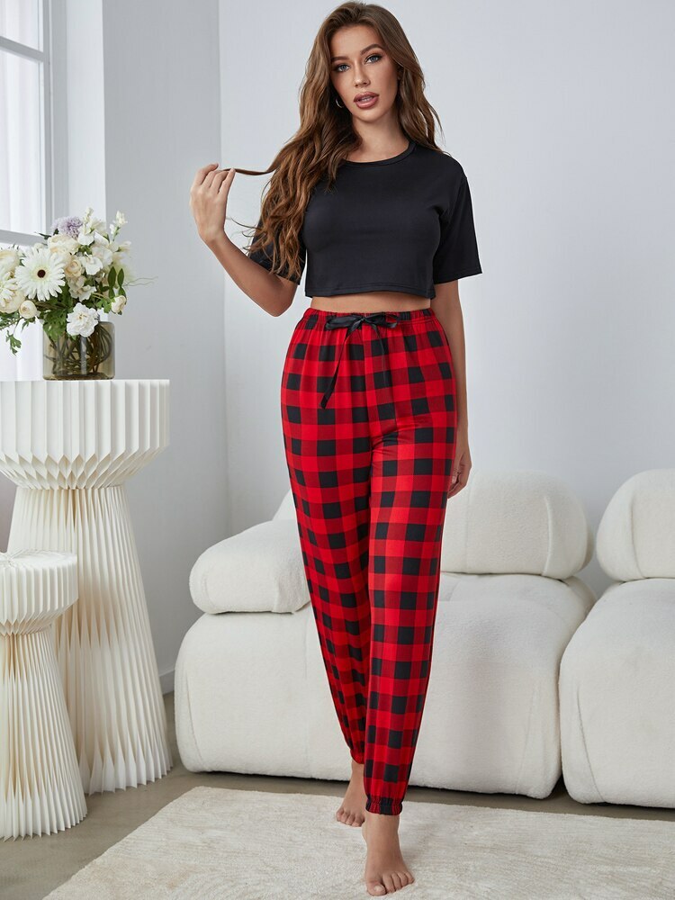 Y2K Red Black Plaid Crop Top & Long Pants Pajama Set - Comfy Coquette Aesthetic Outfit