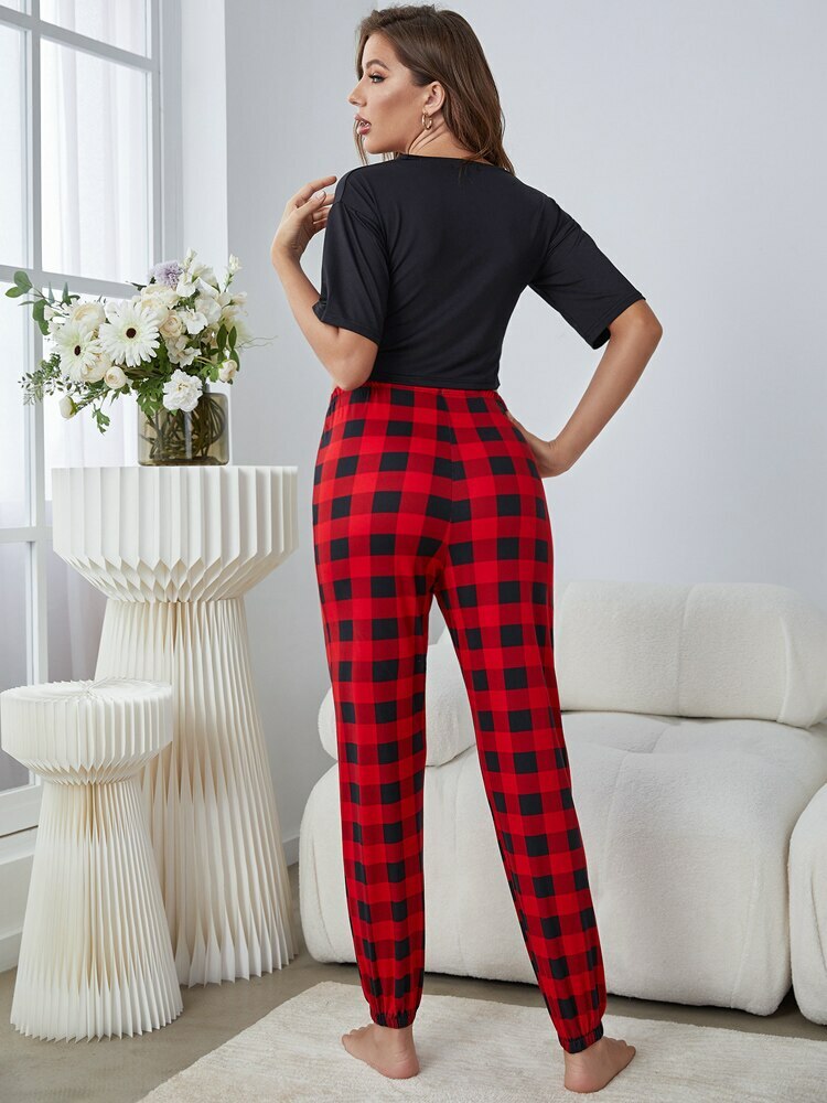 Y2K Red Black Plaid Crop Top & Long Pants Pajama Set - Comfy Coquette Aesthetic Outfit