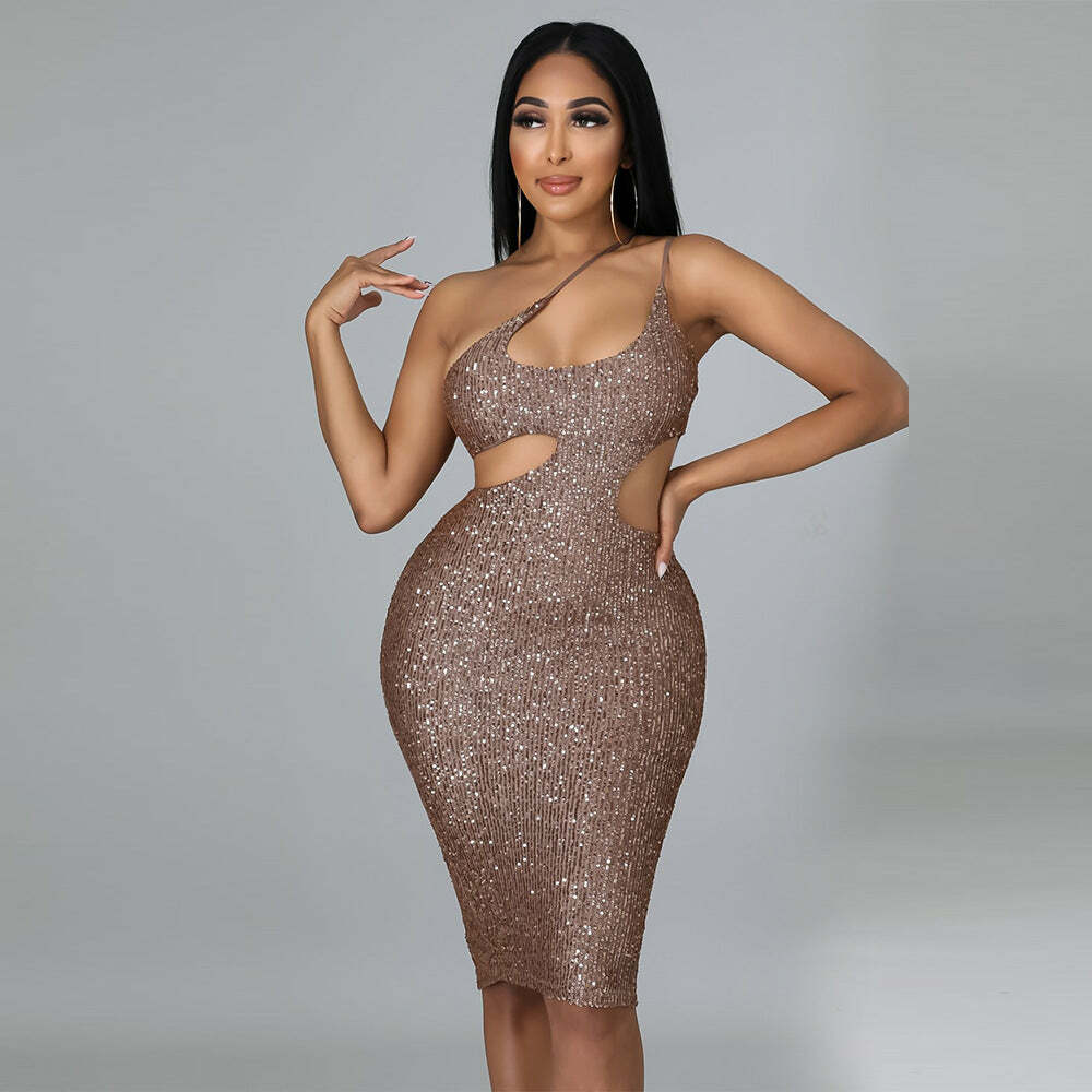 Y2K Sequined Midi Dress with Slant Shoulder & Backless Design - Perfect for Coquette & Grunge