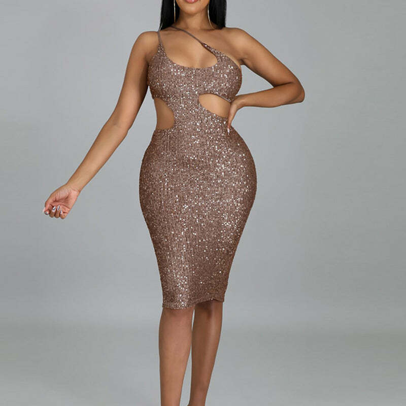 Y2K Sequined Midi Dress with Slant Shoulder & Backless Design - Perfect for Coquette & Grunge