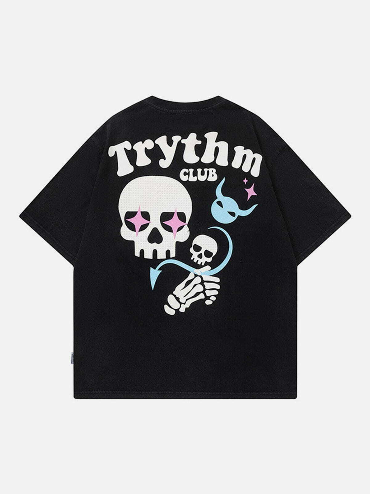 Y2K Skeleton Foam Print Tee - Grunge Aesthetic Top for Cute Outfits & Comfy Style