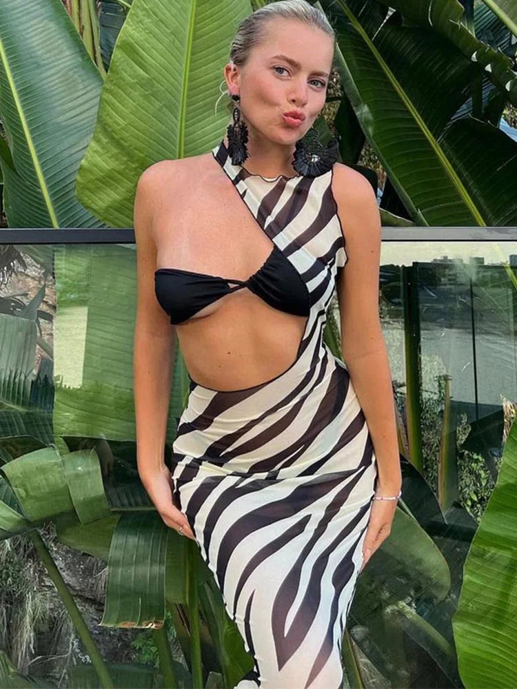 Zebra Print Y2K Aesthetic Sheer Mini Dress - Trendy Striped Beach Cover-Up for Summer